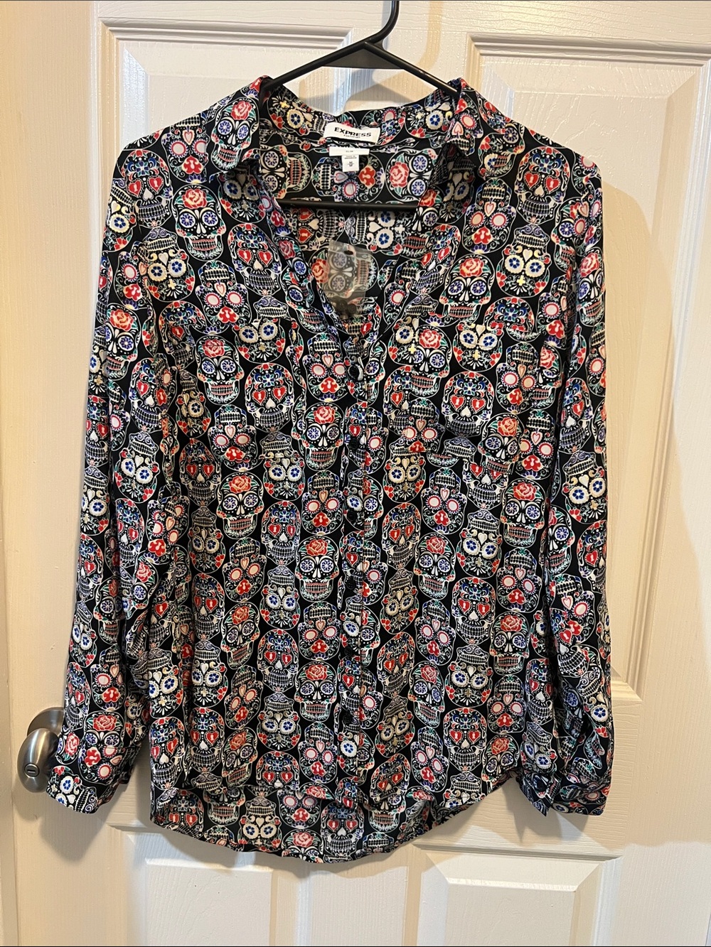 Express Black Button-Down Blouse with Colorful Sugar Skull Print